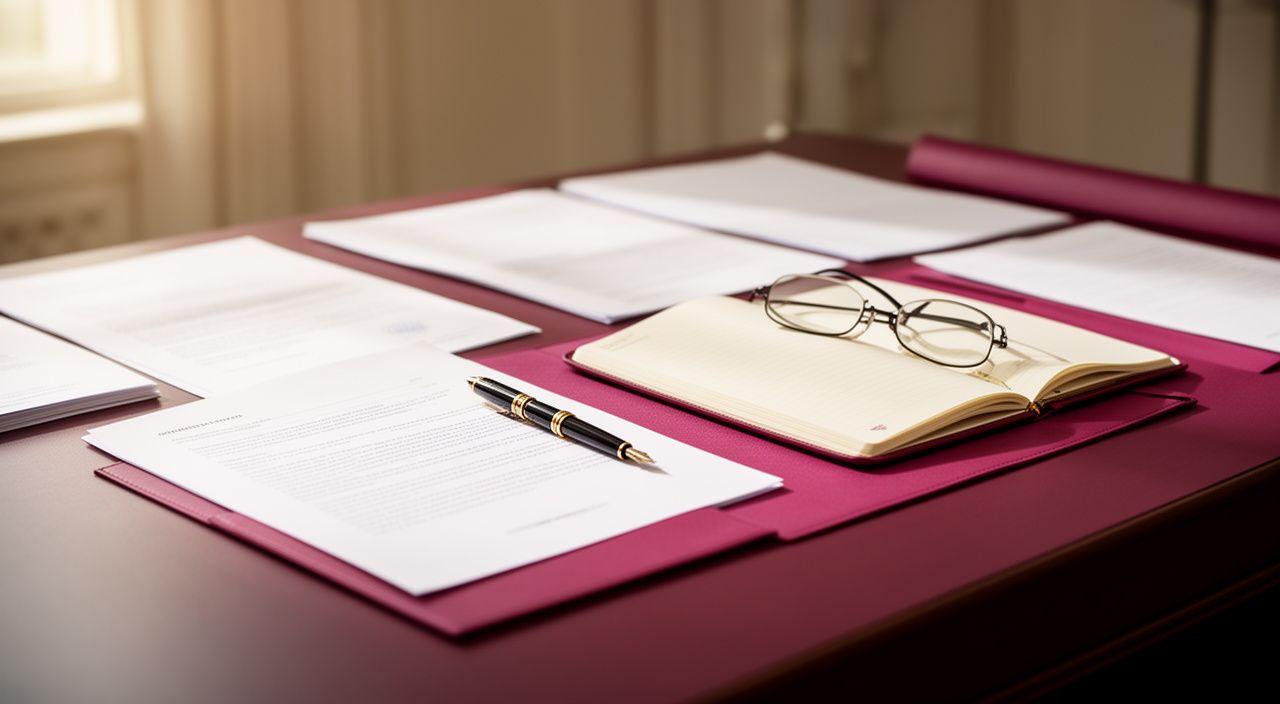 Solicitor's desk in a London office with drafted contracts, a fountain pen, reading glasses and warm daylight across the workspace